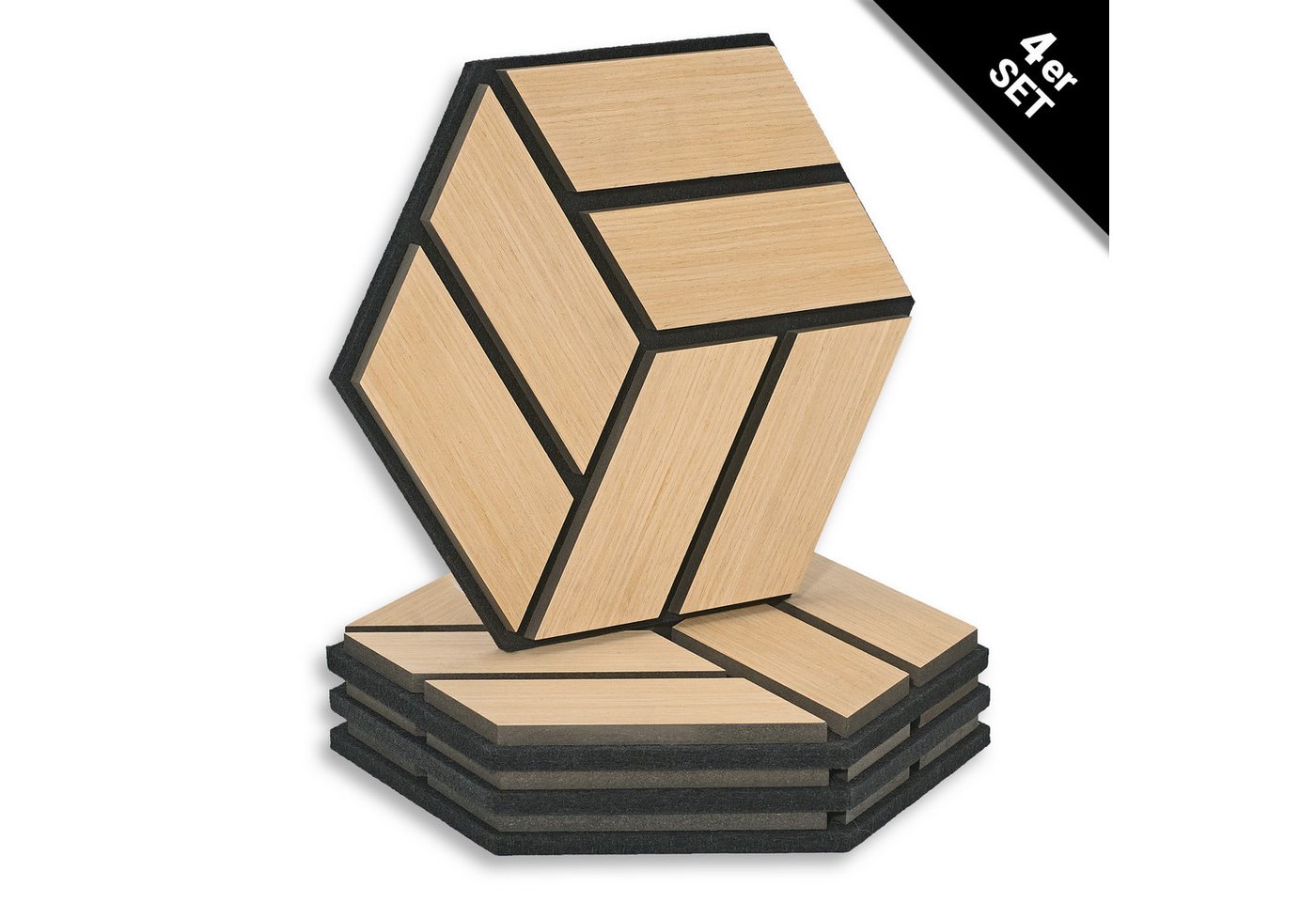 Homestyle4u Wandpaneel je 30x26 Hexagon Akustikpaneele Holz Schallschutz Filz Wand modern, (Set, 4er Set Akustikpaneele, 4-tlg) 3D Akustik Paneel Wandpaneel in Eiche zum Kleben oder Bohren von Homestyle4u