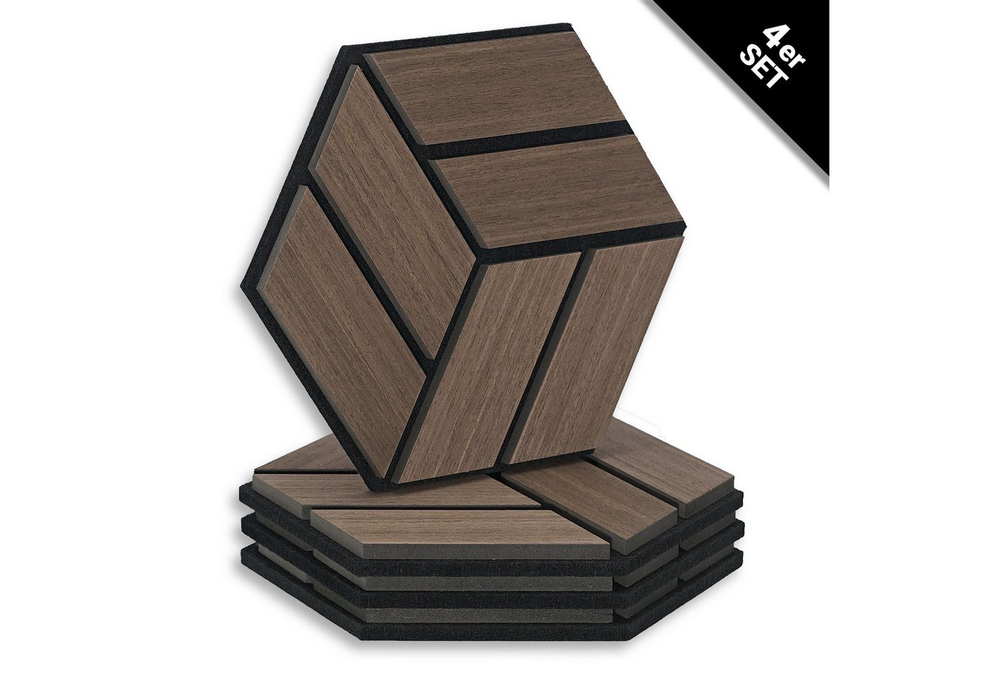 Homestyle4u Wandpaneel je 30x26 Hexagon Akustikpaneele Holz Schallschutz Filz Wand modern, (Set, 4er Set Akustikpaneele, 4-tlg) 3D Akustik Paneel Wandpaneel in Walnuss zum Kleben oder Bohren von Homestyle4u