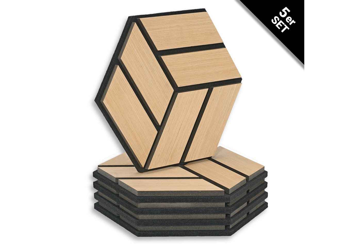 Homestyle4u Wandpaneel je 30x26 Hexagon Akustikpaneele Holz Schallschutz Filz Wand modern, (Set, 5er Set Akustikpaneele, 5-tlg) 3D Akustik Paneel Wandpaneel in Eiche zum Kleben oder Bohren von Homestyle4u