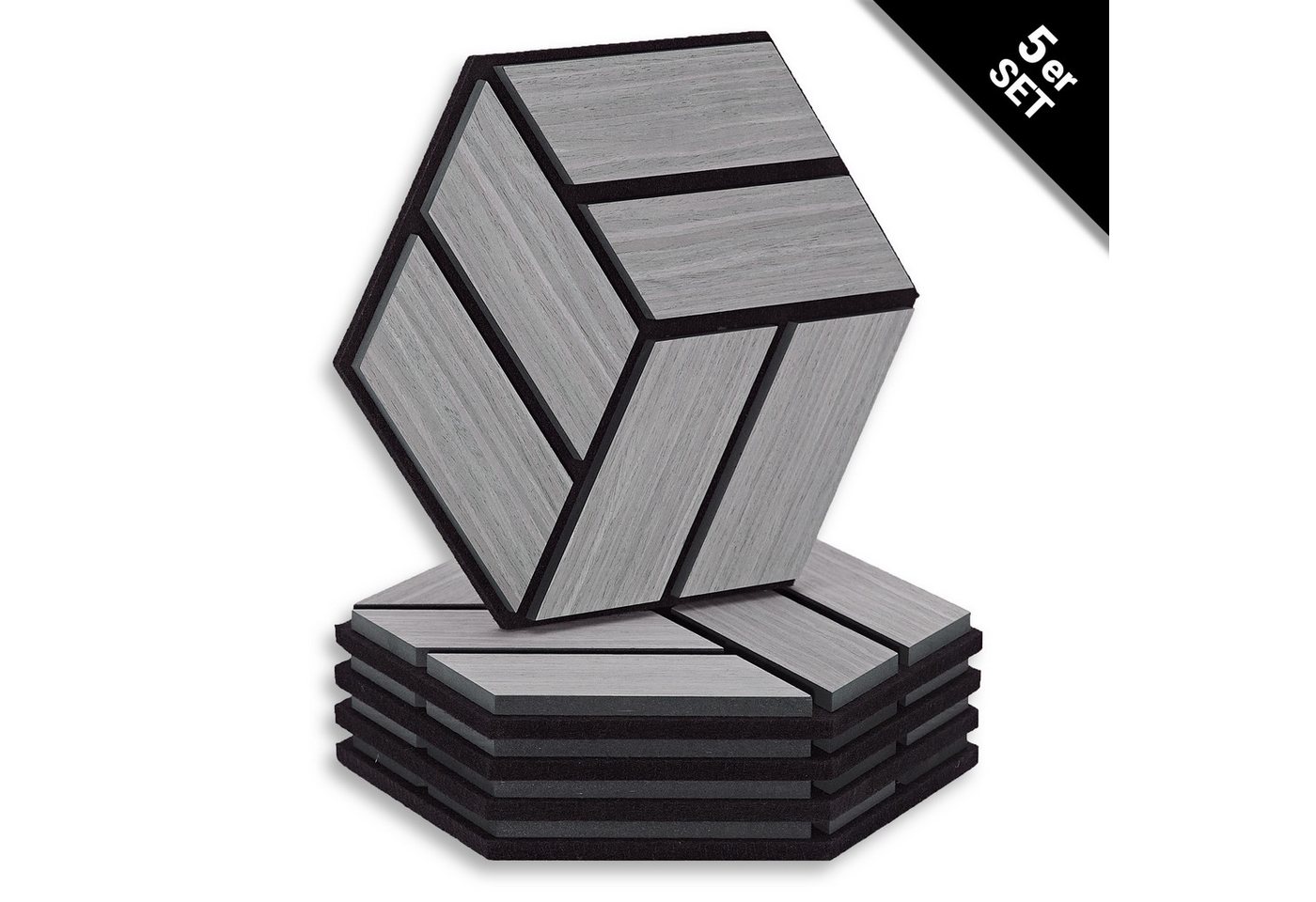 Homestyle4u Wandpaneel je 30x26 Hexagon Akustikpaneele Holz Schallschutz Filz Wand modern, (Set, 5er Set Akustikpaneele, 5-tlg) 3D Akustik Paneel Wandpaneel in Grau zum Kleben oder Bohren von Homestyle4u