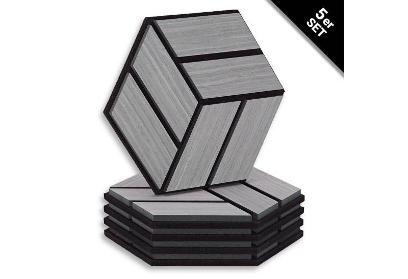 Homestyle4u Wandpaneel je 30x26 Hexagon Akustikpaneele Holz Schallschutz Filz Wand modern, (Set, 5er Set Akustikpaneele, 5-tlg) 3D Akustik Paneel Wandpaneel in Grau zum Kleben oder Bohren von Homestyle4u