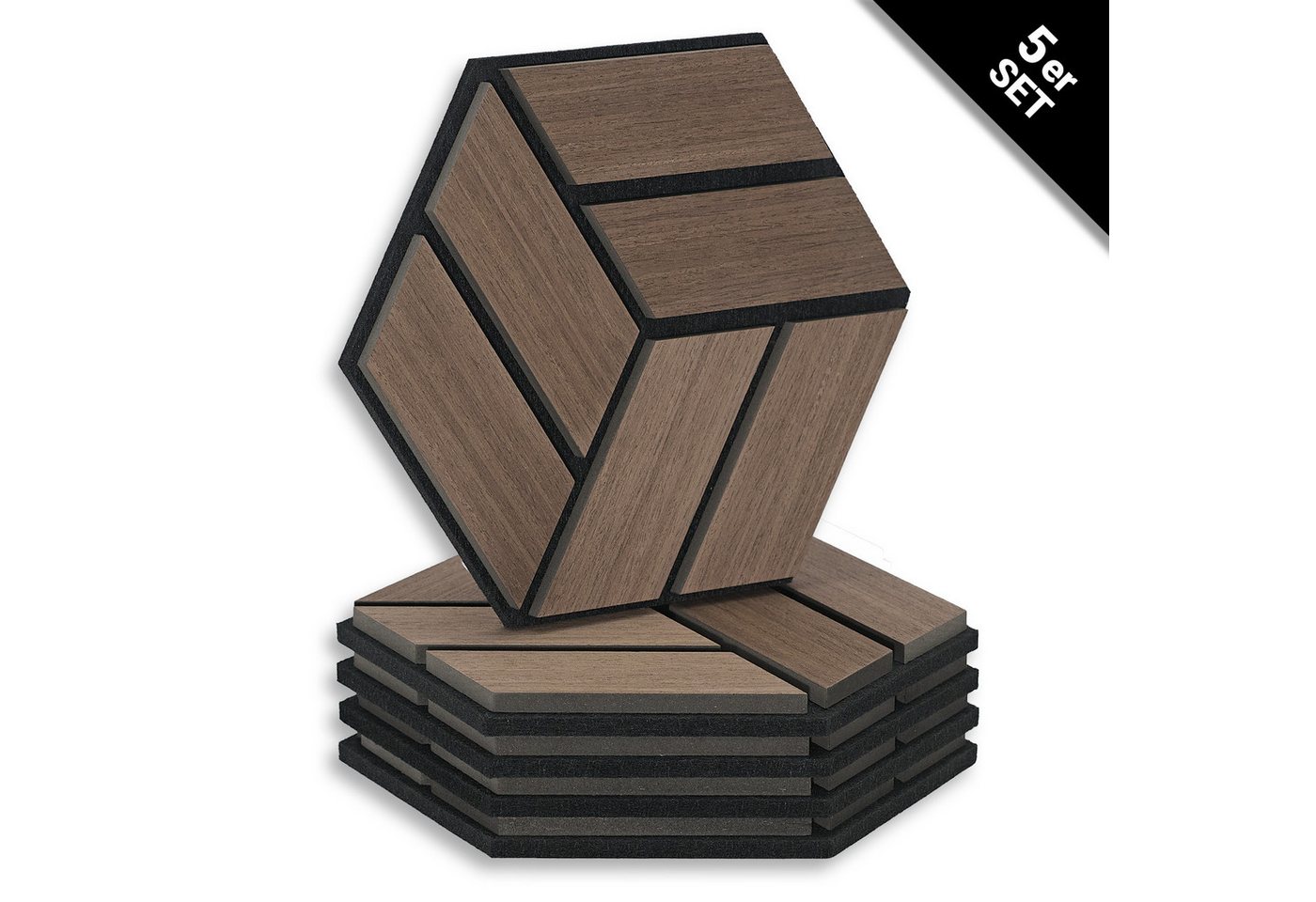 Homestyle4u Wandpaneel je 30x26 Hexagon Akustikpaneele Holz Schallschutz Filz Wand modern, (Set, 5er Set Akustikpaneele, 5-tlg) 3D Akustik Paneel Wandpaneel in Walnuss zum Kleben oder Bohren von Homestyle4u