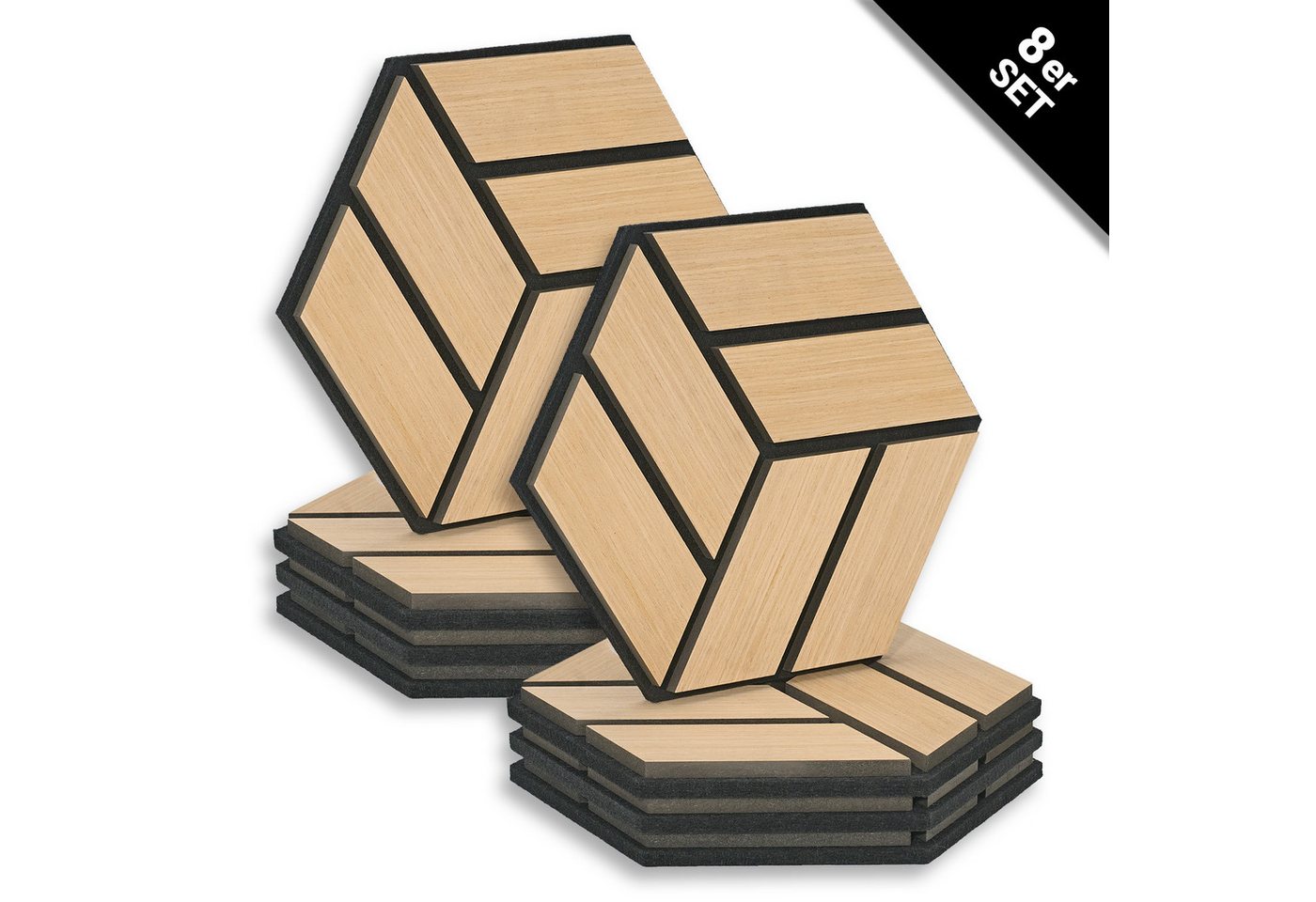 Homestyle4u Wandpaneel je 30x26 Hexagon Akustikpaneele Holz Schallschutz Filz Wand modern, (Set, 8er Set Akustikpaneele, 8-tlg) 3D Akustik Paneel Wandpaneel in Eiche zum Kleben oder Bohren von Homestyle4u