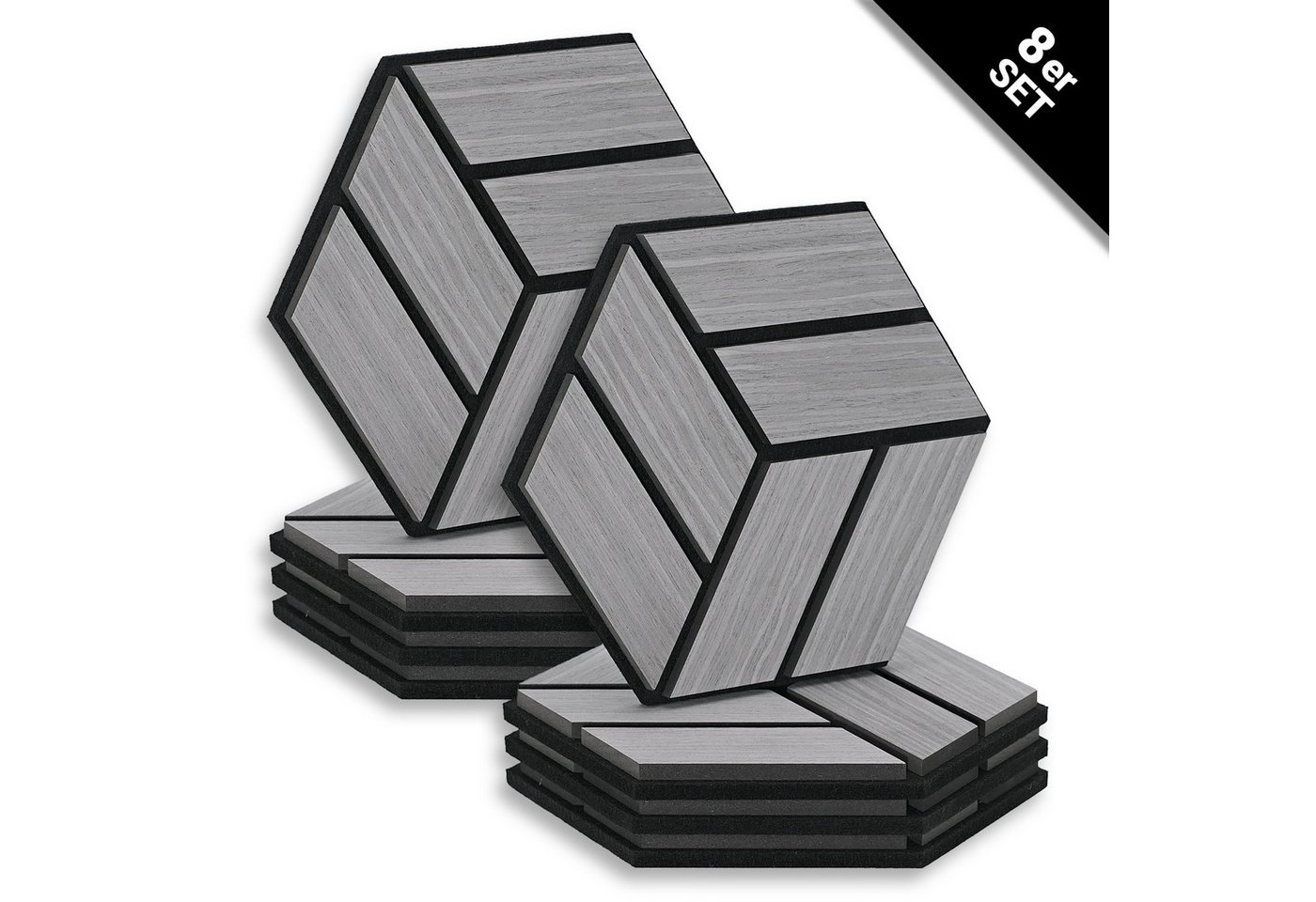 Homestyle4u Wandpaneel je 30x26 Hexagon Akustikpaneele Holz Schallschutz Filz Wand modern, (Set, 8er Set Akustikpaneele, 8-tlg) 3D Akustik Paneel Wandpaneel in Grau zum Kleben oder Bohren von Homestyle4u