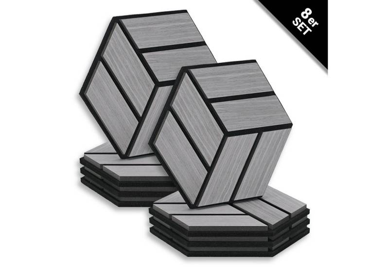 Homestyle4u Wandpaneel je 30x26 Hexagon Akustikpaneele Holz Schallschutz Filz Wand modern, (Set, 8er Set Akustikpaneele, 8-tlg) 3D Akustik Paneel Wandpaneel in Grau zum Kleben oder Bohren von Homestyle4u