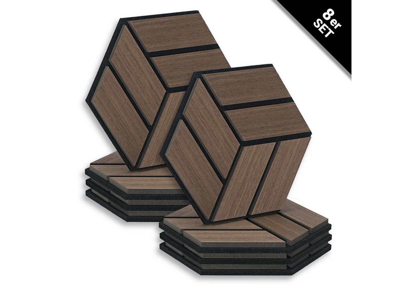 Homestyle4u Wandpaneel je 30x26 Hexagon Akustikpaneele Holz Schallschutz Filz Wand modern, (Set, 8er Set Akustikpaneele, 8-tlg) 3D Akustik Paneel Wandpaneel in Walnuss zum Kleben oder Bohren von Homestyle4u