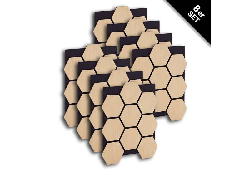 Homestyle4u Wandpaneel je 76x62 cm Hexagon Wand Akustikpaneele Holz Schallschutz Filz Paneele, (8er Set, 8-tlg., 8 Akustikpaneele, Garderobe, Flur) 3D Akustik Paneel Braun Natur Eiche zum Kleben oder Bohren von Homestyle4u