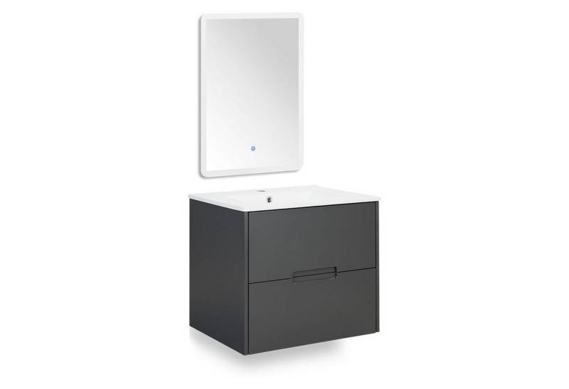 Homestyle4u Waschtisch 60 cm breit Waschbecken Weiß mit Unterschrank Grau hängend matt edel (Set, 3-teilig, 3-St), mit LED Tageslicht Spiegel mit Touchfunktion, Schubladen von Homestyle4u