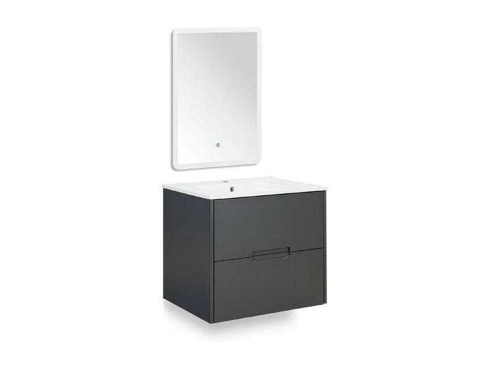 Homestyle4u Waschtisch 60 cm breit Waschbecken Weiß mit Unterschrank Grau hängend matt edel (Set, 3-St., 3-teilig), mit LED Tageslicht Spiegel mit Touchfunktion, Schubladen von Homestyle4u