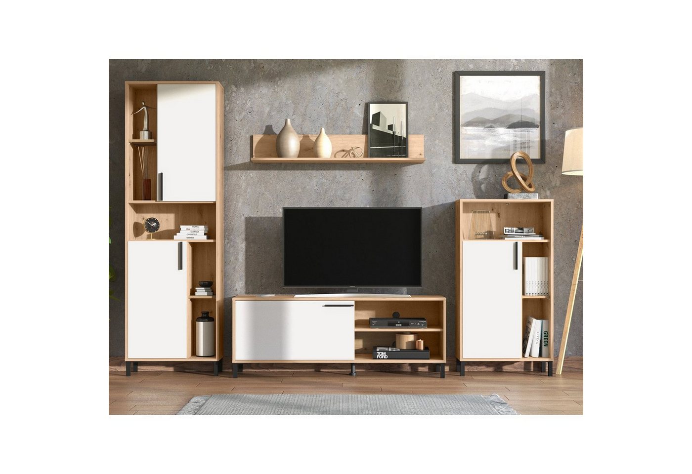 Homestyle4u Wohnwand Schrankwand 4 tlg. Anbauwand Weiß Grau, (4-St) von Homestyle4u