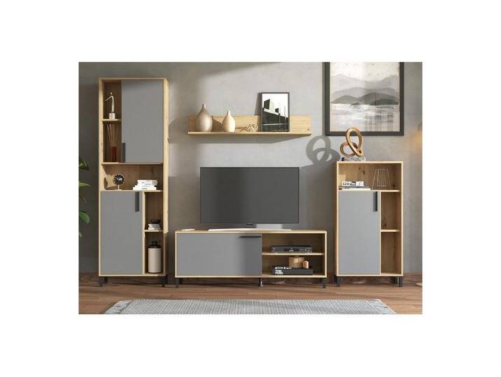 Homestyle4u Wohnwand Schrankwand 4 tlg. Anbauwand Weiß oder Grau, (4-St), grau, Anbauwand 4 teilig Artisan Eiche Grau von Homestyle4u