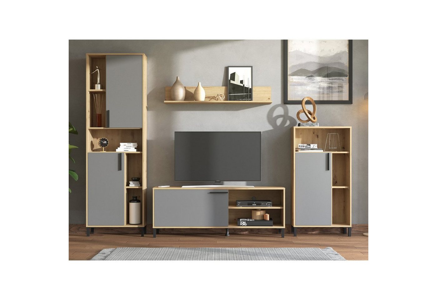 Homestyle4u Wohnwand Schrankwand 4 tlg. Anbauwand Weiß oder Grau, (Schrankwand 4 teilig, 4-St) von Homestyle4u