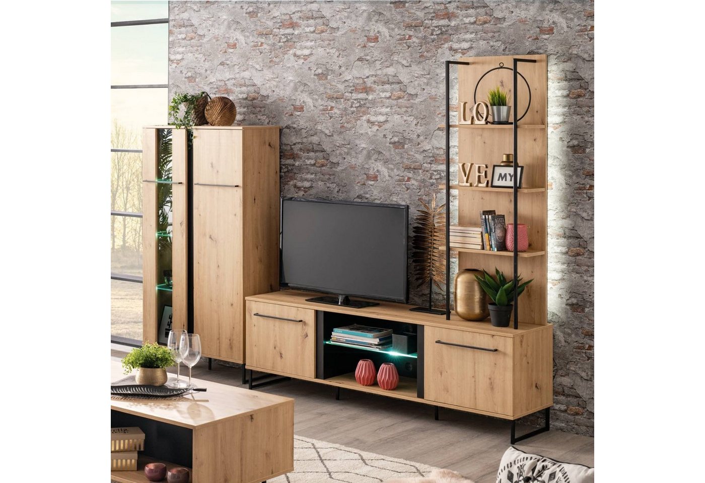 Homestyle4u Wohnwand Schrankwand Anbauwand Wohnzimmer-Set Modern Eiche Holz Industrial, (3-teilig) von Homestyle4u