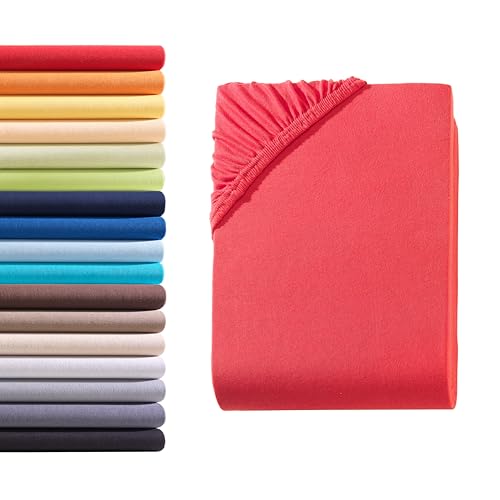 Hometex Premium Textiles Spannbettlaken Spannbetttuch 140-160 x 200 cm, Bettlaken Jersey aus 100% Baumwolle, Matratzen bis 23-25 cm, Oeko-TEX Made IN Green, Rot von Hometex Premium Textiles