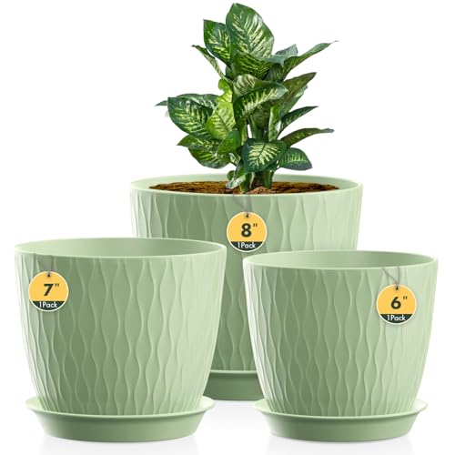 Homeuouz 3 Packs Blumentopf mit Bewässerungssystem, 20.3cm/17.8cm/15.2cm Pflanzentopf mit Bewässerungssystem, Übertopf mit Untersetzer, Blumentöpfe Set Ideal für Innen und Balkongärten, Hellgrün von Homeuouz