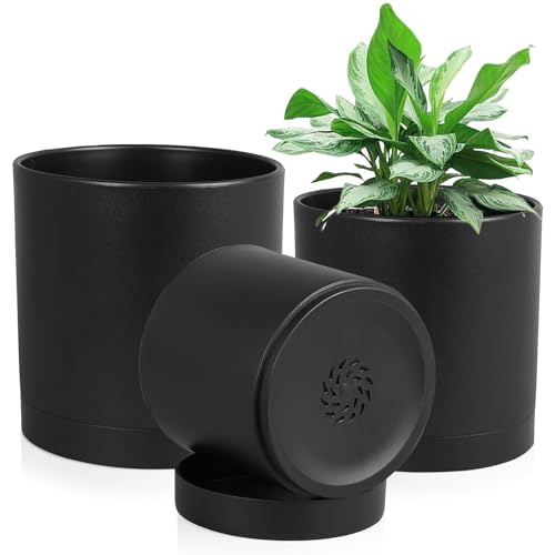 Homeuouz 3 Packs Blumentopf mit Untersetzer, 15.2cm/12.7cm/10.7cm Pflanzentopf, Plastik Übertopf, Hydrokultur Topf, Blumentöpfe Set Ideal für Innen und Balkongärten, Schwarz von Homeuouz