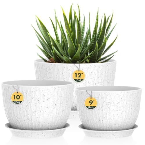 Homeuouz 3er Set Groß Breite Pflanzentopf mit Untersetzer – 30/25/22 cm Kunststoff-Blumentöpfe für Innen & Außen, mit Drainagelöchern, wasserwellige Struktur, Weiß mit schwarzen Punkten von Homeuouz