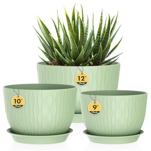 Homeuouz 3er Set Groß Breite Pflanzentopf mit Untersetzer – 30/25/22 cm Kunststoff-Blumentöpfe für Innen & Außen, mit Drainagelöchern, wasserwellige Struktur, Hellgrün von Homeuouz