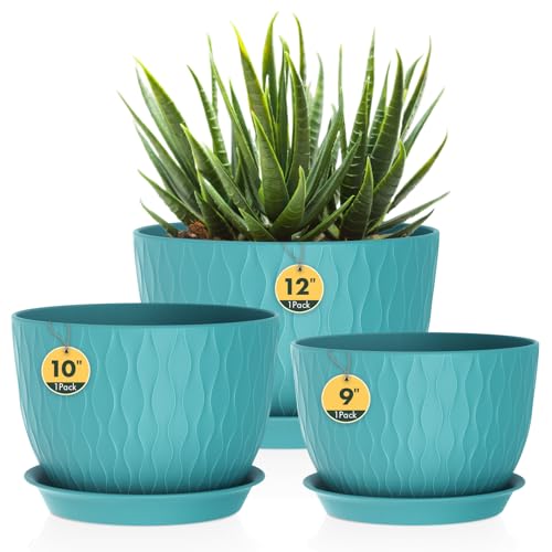 Homeuouz 3er Set Groß Breite Pflanzentopf mit Untersetzer – 30/25/22 cm Kunststoff-Blumentöpfe für Innen & Außen, mit Drainagelöchern, wasserwellige Struktur, Dunkelgrün von Homeuouz