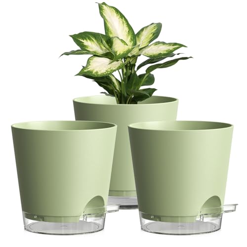 Homeuouz 3er Set Selbstbewässerungstopf – 15cm Blumentöpfe in Matter Optik, selbstwässernder Blumentopf mit Bewässerungssystem, für Balkon & Innenbereich, Grün mit klarem Untersetzer von Homeuouz