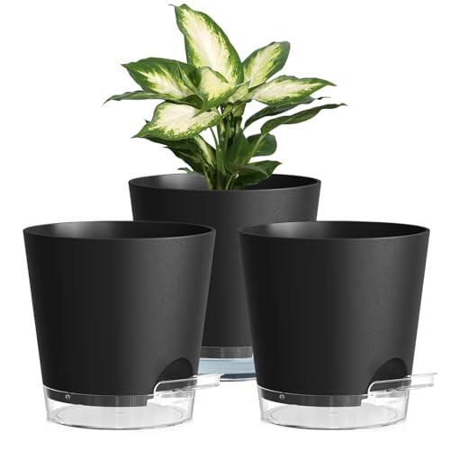 Homeuouz 3er Set Selbstbewässerungstopf – 15,2 cm Blumentöpfe in Matter Optik, selbstwässernder Blumentopf mit Bewässerungssystem, für Balkon & Innenbereich, Schwarz mit klarem Untersetzer von Homeuouz