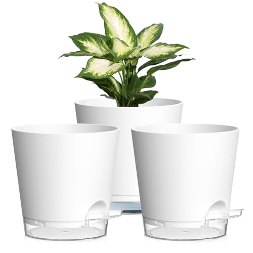 Homeuouz 3er Set Selbstbewässerungstopf – 15,2 cm Blumentöpfe mit Bewässerungssystem in Matter Optik, selbstwässernder Blumentopf für Balkon & Innenbereich, Weiß mit transparentem Untersetzer von Homeuouz