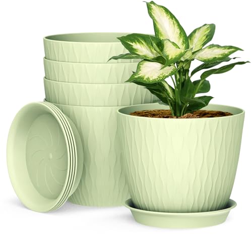 Homeuouz 5 Packs Blumentopf mit Bewässerungssystem, 20.3cm Pflanzentopf mit Bewässerungssystem, Übertopf mit Untersetzer, Blumentöpfe Set Ideal für Innen und Balkongärten, Hellgrün von Homeuouz