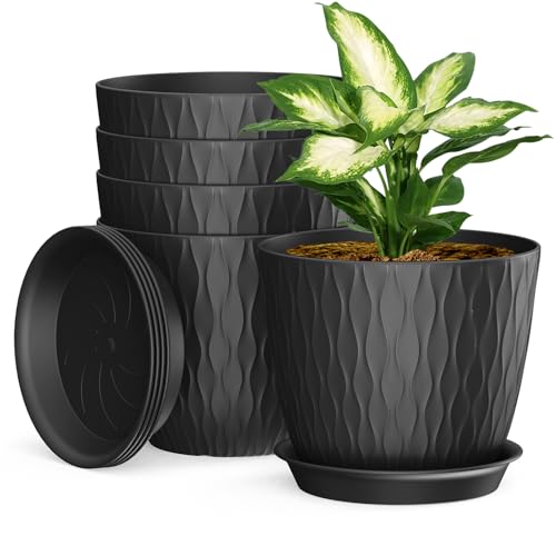 Homeuouz 5 Packs Blumentopf mit Bewässerungssystem, 20.3cm Pflanzentopf mit Bewässerungssystem, Übertopf mit Untersetzer, Blumentöpfe Set Ideal für Innen und Balkongärten, Schwarz von Homeuouz