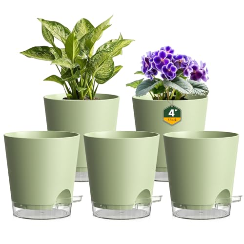 Homeuouz 5er Set Kleine Selbstbewässerungstopf 10cm – Self Watering Pot & Übertöpfe für Zimmerpflanzen, Matt Kunststoff Blumentöpfe mit Untersetzer, Ideal für Kräuter & Zimmerpflanzen, Grün-Klar von Homeuouz