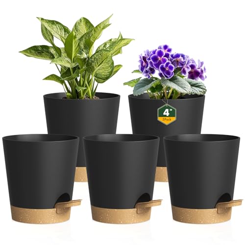 Homeuouz 5er Set Kleine Selbstbewässerungstopf 10,2 cm – Blumentöpfe aus mattem Kunststoff mit Untersetzer, für Kräuter & Zimmerpflanzen, Schwarz-Braun von Homeuouz