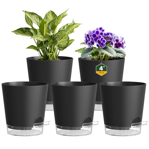 Homeuouz 5er Set Kleine Selbstbewässerungstopf 10,2 cm – Blumentöpfe aus mattem Kunststoff mit Untersetzer, für Kräuter & Zimmerpflanzen,Schwarz-Klar von Homeuouz