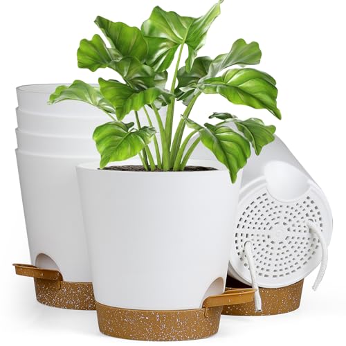 Homeuouz 6 Packs Blumentopf Selbstbewässernd, 12.7cm Pflanzentopf mit Bewässerungssystem, Übertopf mit Brown Untersetzer, Blumentöpfe Set Ideal für Innen und Balkongärten, Weiß von Homeuouz