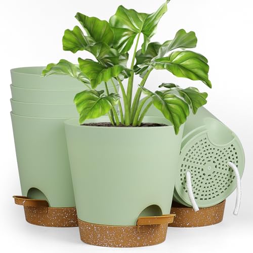 Homeuouz 6 Packs Blumentopf Selbstbewässernd, 15.2cm Pflanzentopf mit Bewässerungssystem, Übertopf mit Brown Untersetzer, Blumentöpfe Set Ideal für Innen und Balkongärten, Grün von Homeuouz