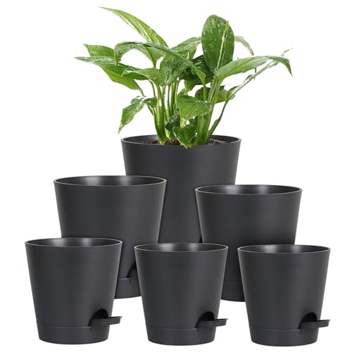 Homeuouz 6 Packs Blumentopf Selbstbewässernd, 20.3/17.8/16.5/15.2/14/12.7cm Pflanzentopf mit Bewässerungssystem, Übertopf mit Untersetzer, Blumentöpfe Set Ideal für Innen und Balkongärten, Pure Black von Homeuouz