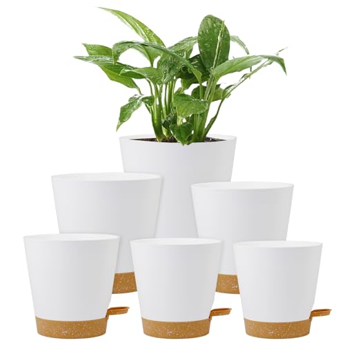 Homeuouz 6 Packs Blumentopf Selbstbewässernd, 20.3/17.8/16.5/15.2/14/12.7cm Pflanzentopf mit Bewässerungssystem, Übertopf mit Untersetzer, Blumentöpfe Set Ideal für Innen und Balkongärten, Weiß von Homeuouz