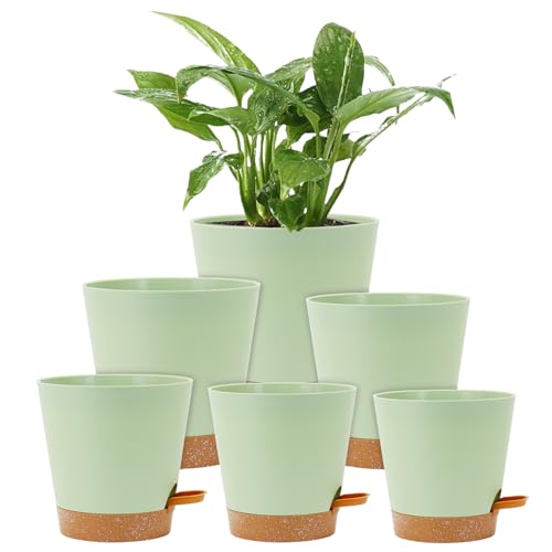 Homeuouz 6 Packs Blumentopf Selbstbewässernd, 20.3/17.8/16.5/15.2/14/12.7cm Pflanzentopf mit Bewässerungssystem, Übertopf mit Untersetzer, Blumentöpfe Set Ideal für Innen und Balkongärten, Grün von Homeuouz