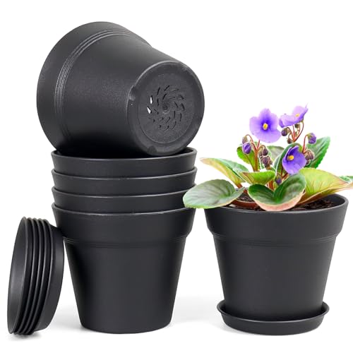 Homeuouz 6 Packs Blumentopf mit Untersetzer, 17.8cm Pflanzentopf, Plastik Übertopf mit Mehrere Ablauflöchern, Hydrokultur Topf, Blumentöpfe Set Ideal für Innen und Balkongärten,Schwarz von Homeuouz