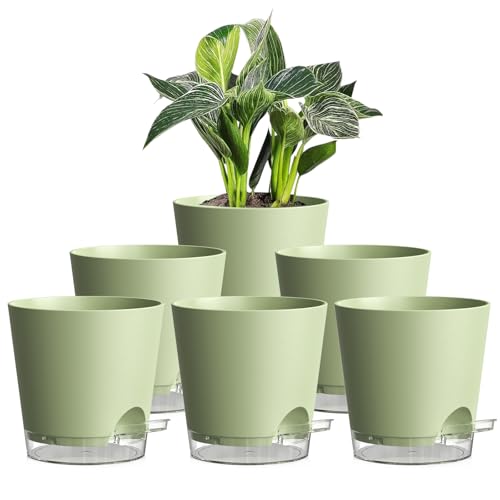 Homeuouz 6er Set Selbstbewässerungstopf – 15,2 cm Blumentöpfe mit Bewässerungssystem in Matter Optik, selbstwässernder Blumentopf für Balkon & Innenbereich, Grün mit transparentem Untersetzer von Homeuouz