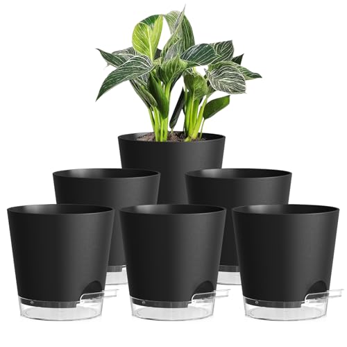 Homeuouz 6er Set Selbstbewässerungstopf – 15,2 cm Blumentopf mit Bewässerungssystem, stilvolle Blumentöpfe in Matter Optik, selbstwässernder Blumentopf für Balkon & Innenbereich, Schwarz von Homeuouz