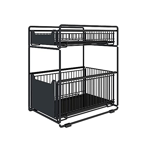 2 Tier Schiebeschrank Korb herausziehen Organizer Schublade, Gewürzregal Schiebekorb unter Waschbecken Schrank Lagerregal für Küchenarbeitsplatte Speisekammer Badezimmer Büro Desktop (Schwarz1) von Homewell