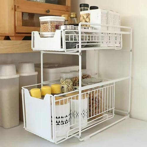 Homewell 2 Tier Schiebeschrank Korb herausziehen Organizer Schublade, Gewürzregal Schiebekorb unter Waschbecken Schrank Lagerregal für Küchenarbeitsplatte Speisekammer Badezimmer Büro Desktop (Weiß1) von Homewell