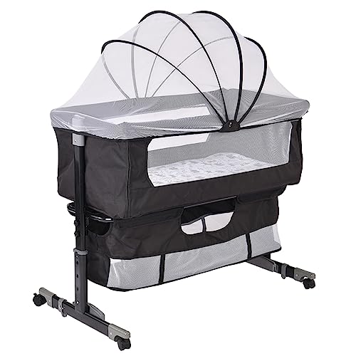 Homewell Beistellbett Baby, 2 in 1 Babybett und Babywiege, Kinderbett mit Rollen, Moskitonetz, Lagerungstasche und Matratze, Höhenverstellbar Struktur aus Aluminiumlegierung (Modell 3 Schwarz) von Homewell