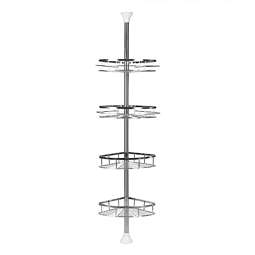 Homewell Duschablage ohne Bohren Höhenverstellbar, Duschablage Ecke Edelstahl Stahlrohr und Netzplatte, Badregal mit 4 Körben und 2 Externem Handtuchhalter, Badezimmer Organizer (110-280cm, Silber+) von Homewell