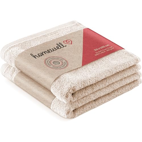 Homewell Handtücher Set - weich und saugstark, 100% Baumwolle, Oeko-Tex 100 Zertifiziert (2 Handtücher 50x100 cm, Beige) von Homewell