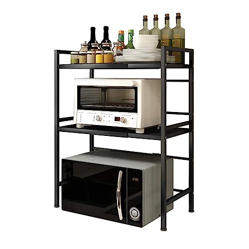 Homewell Mikrowellenregal 3-stufiges, Erweiterbares Regal zur Längenverstellbar, Modern Mikrowellenständer aus Kohlenstoffstahl, mit Mobiler Haken zur Küchen Organizer (1er Set, Modell 3, Schwarz) von Homewell