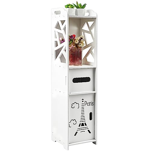homewell Regal, Standregal mit 4 Ebenen, Weiß Mehrzweckschrank für Badezimmer, Schlafzimmer und Homeoffice, Papiertuchhalter mit öffnender Schrank Wasserdicht Kunststoff (Modell 2, Weiß) von homewell