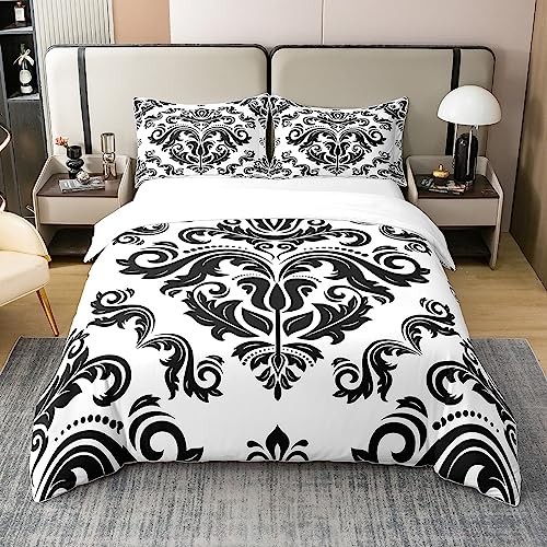 100% Baumwolle Barock Damast Bettbezug 135x200 Schwarz Weiß Gothic Boho Floral Bettwäsche Set für Jungen Abstrakte Erwachsene Geometrische Blumen Trostbezug,Europäische Viktorianische Stil Quilt Cover von Homewish