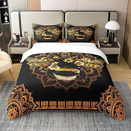 100% Baumwolle Biene Bett Sets Boho Mandala Bettbezug Gelbe Blumen Bettwäsche 135x200 Tier Thema Tröster Bezug mit Reißverschluss Hippie Blumen Schlafzimmer Orange Gold Ombre Gradient Dekor,Schwarz von Homewish