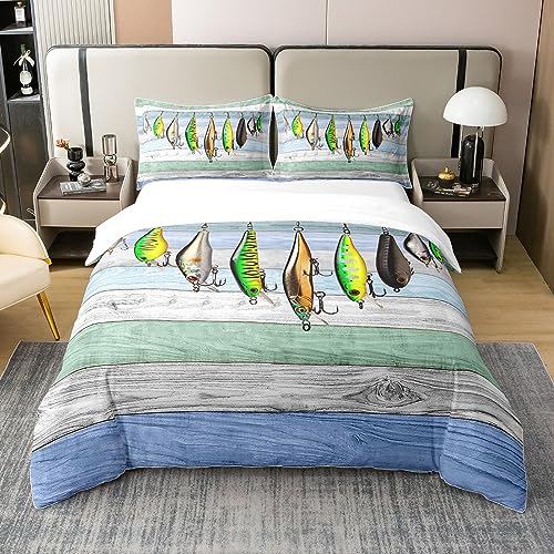 100% Baumwolle Bunte Fisch Bettwäsche Set 135x200,Fisch Haken Angeln Bettbezug für Kinder Teens,Rustikale Bauernhaus Tröster Abdeckung für Schlafzimmer,Westliche Kunst Bettwäsche mit 1 Kissenbezug von Homewish