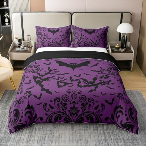 100% Baumwolle Fledermaus Bettbezug 220x240,Damast Blumen Vintage Weiche Tröster Bezug,Viktorianische Barock Halloween Thema Bettwäsche Set für Bett,Lila Schwarze Horror Tiere Bettbezug 100% Baumwolle Fledermaus Bettbezug 220x240,Damast Blumen Vintage Weiche Tröster Bezug,Viktorianische Barock Halloween Thema Bettwäsche Set für Bett,Lila Schwarze Horror Tiere Bettbezug von Homewish